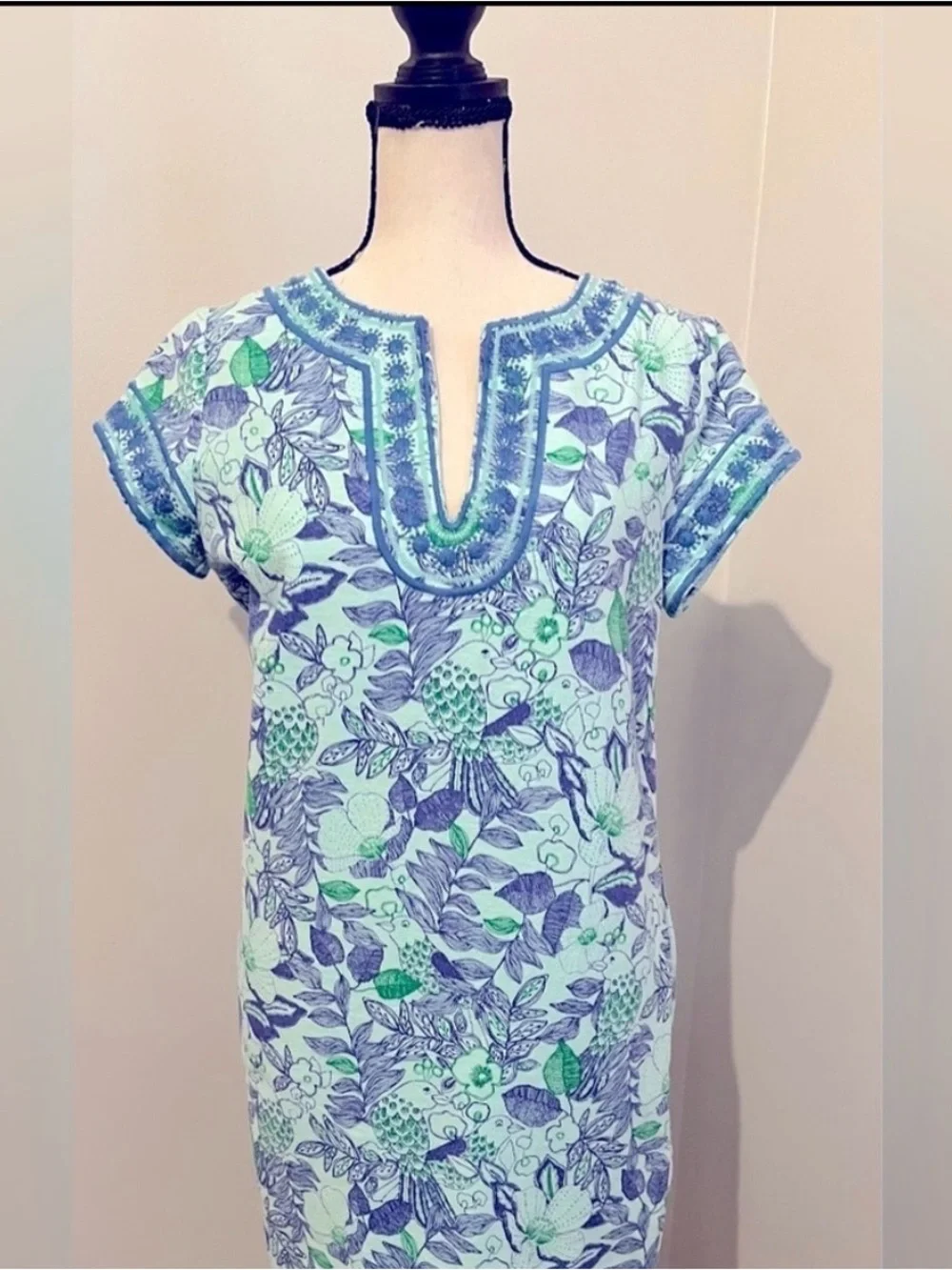 Vineyard Vines Cordia Bird Floral Embroidered Tunic Dress Blue Green Linen Sz 2 - Picture 5 of 8